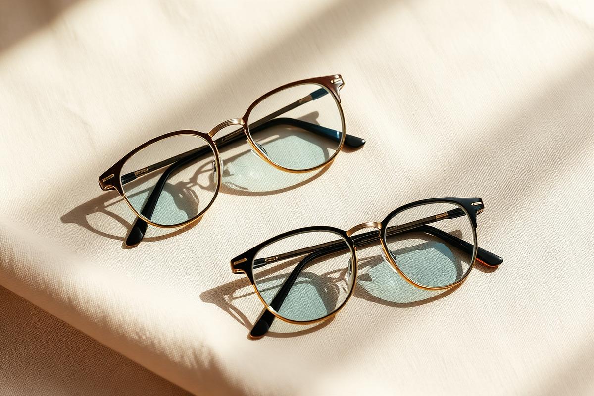 Two pairs of modern eyeglasses on cream linen