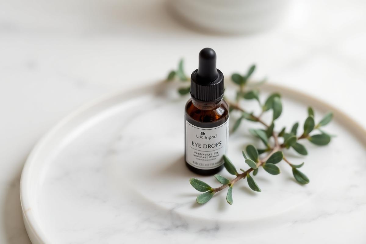 A bottle of eye drops on a marble tray